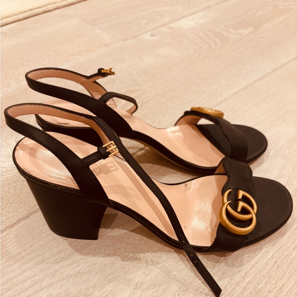 Gucci Marmont Double G Black Leather Block Heel Sandals Size 38 - Picture 2 of 6